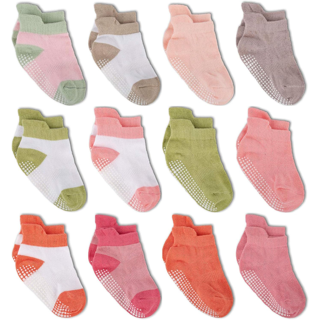 Pack Of 12 Baby Grip Socks With Non Skid Soles For Infants Toddlers And Kids