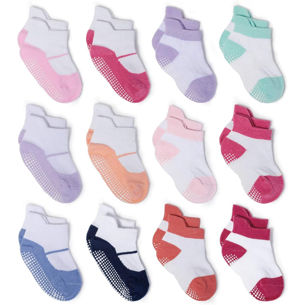 Pack Of 12 Baby Grip Socks With Non Skid Soles For Infants Toddlers And Kids