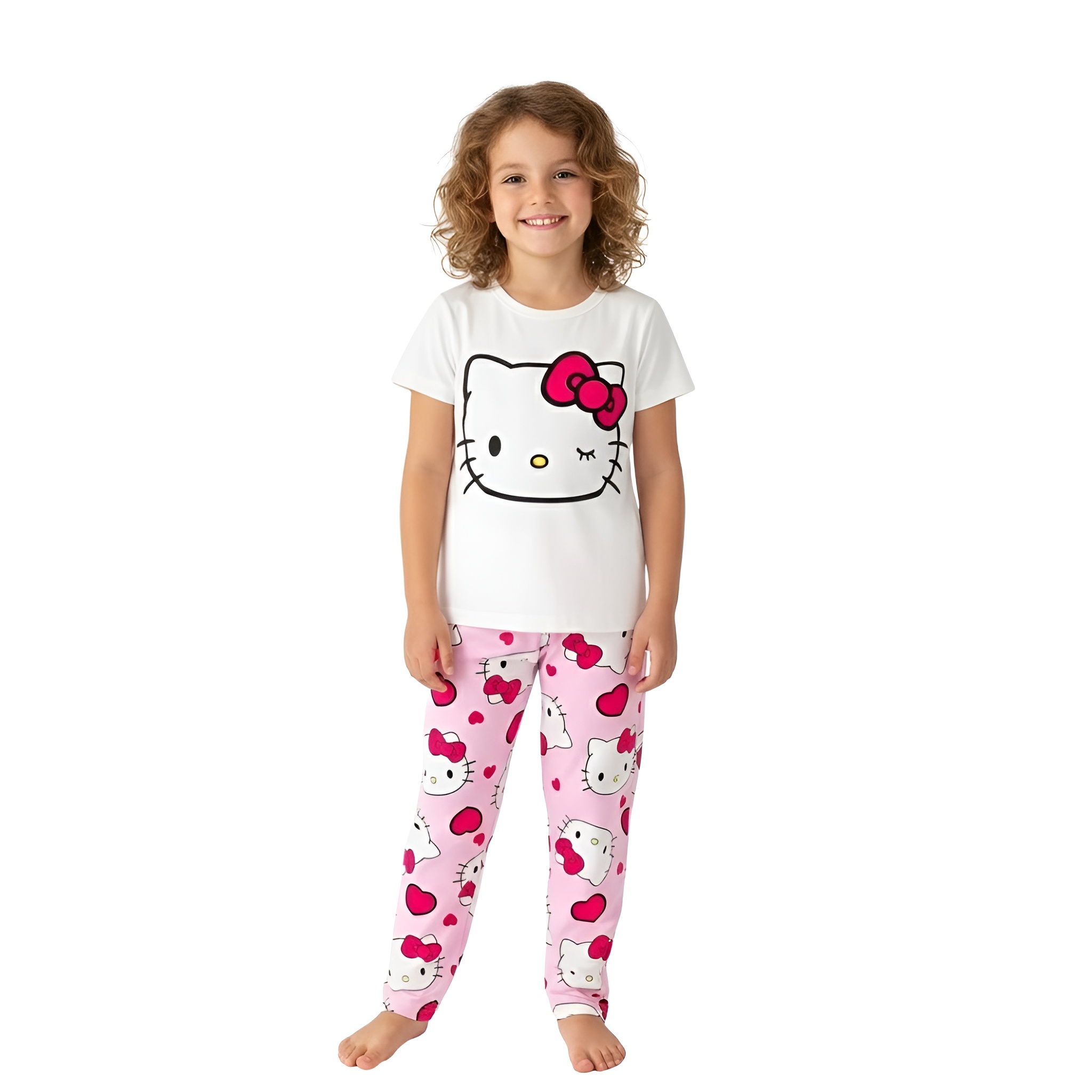 Pajama Set With Kitty Design For Girls