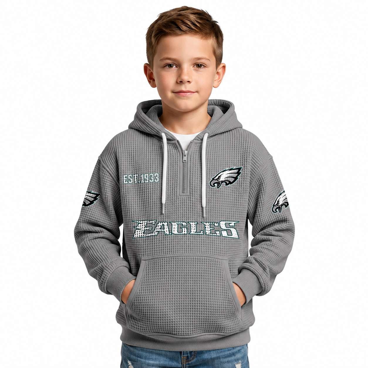 Philadelphia Eagles Football Team Themed Waffle Quarter Zip Hoodie For Kids