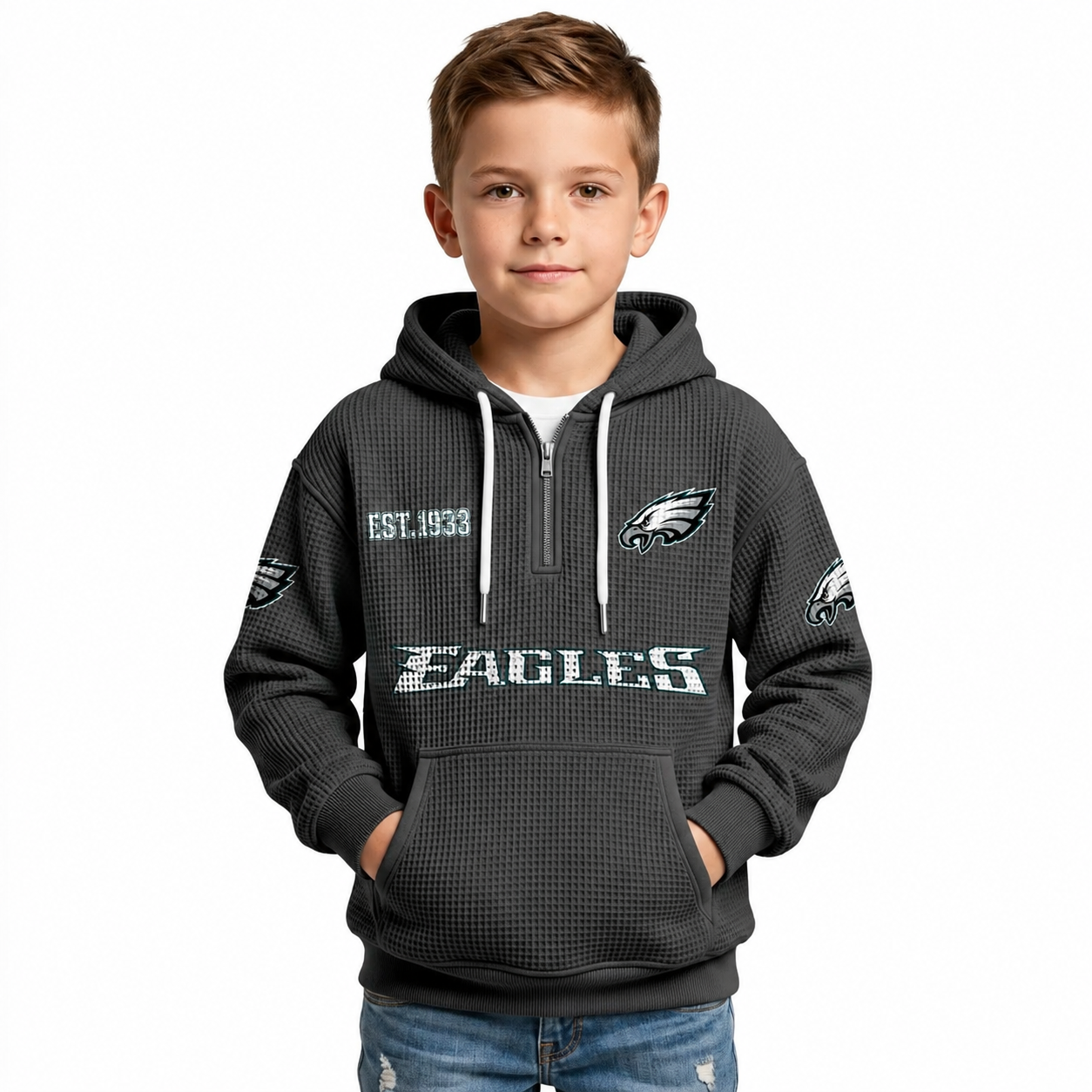 Philadelphia Eagles Football Team Themed Waffle Quarter Zip Hoodie For Kids
