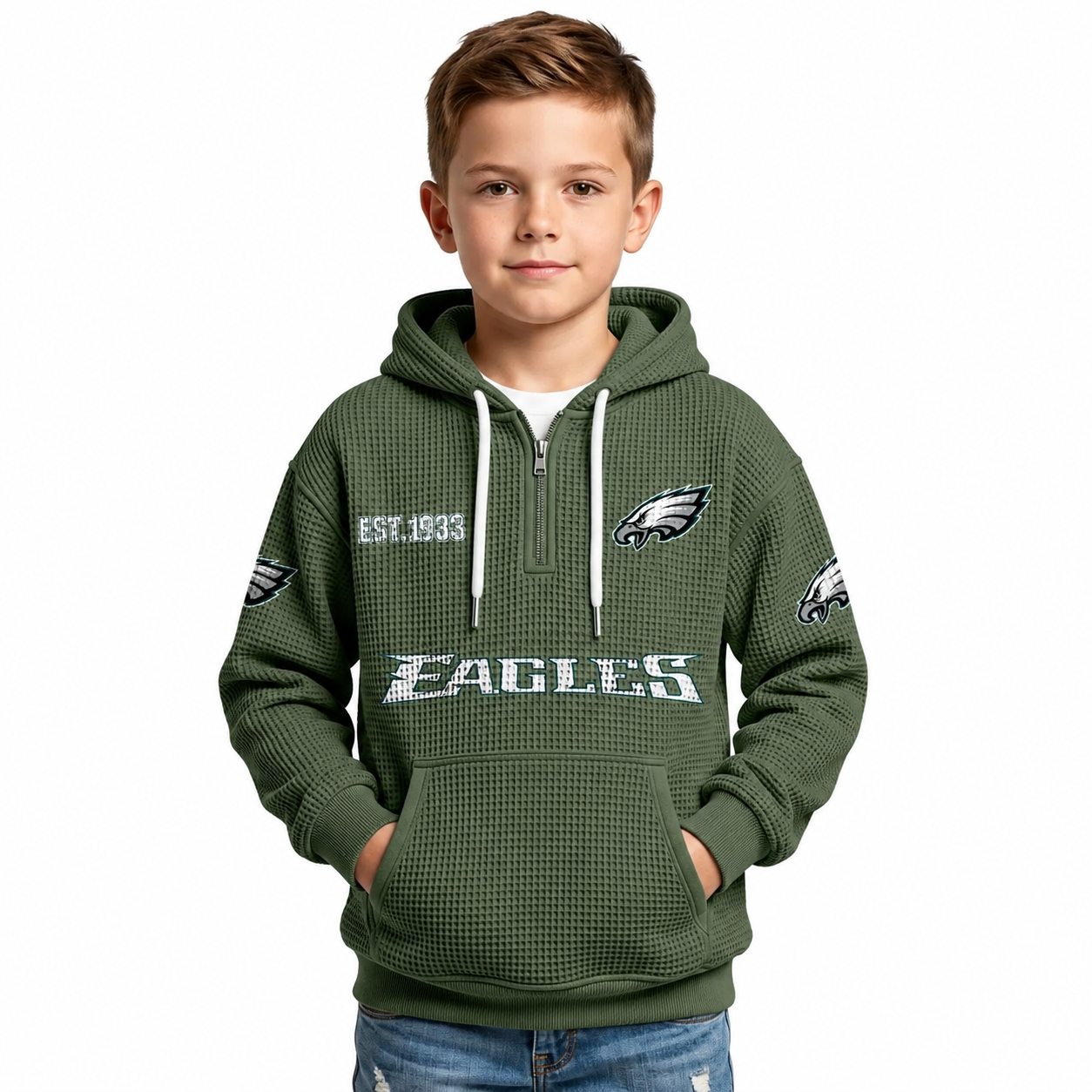 Philadelphia Eagles Football Team Themed Waffle Quarter Zip Hoodie For Kids