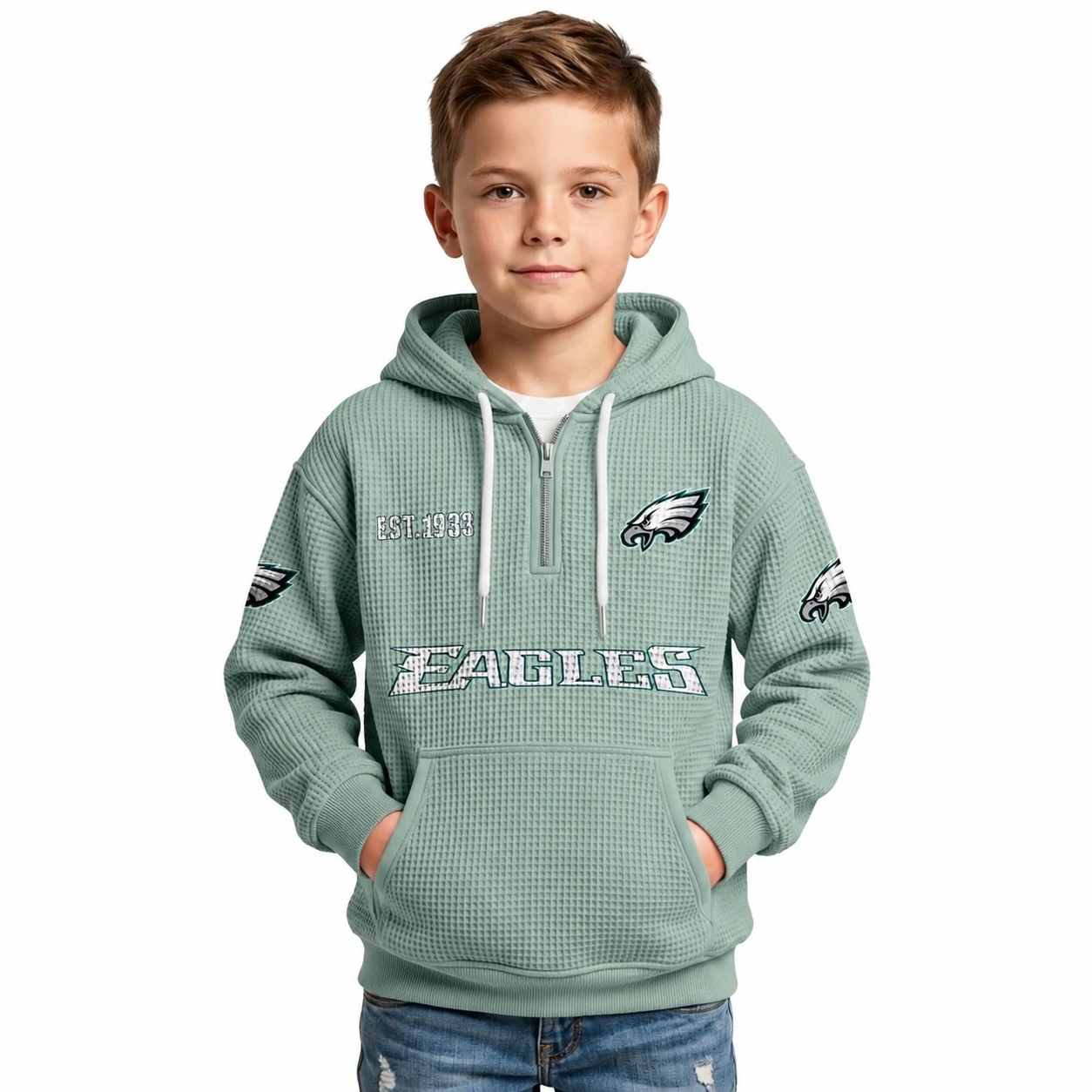 Philadelphia Eagles Football Team Themed Waffle Quarter Zip Hoodie For Kids