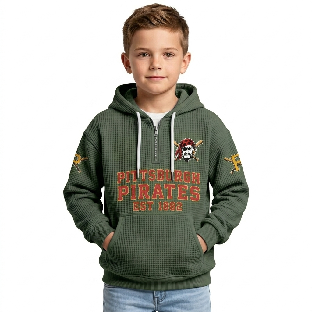 Pittsburgh Pirates EST 1882 Printed Waffle Quarter Zip Baseball Fan Hoodie For Kids