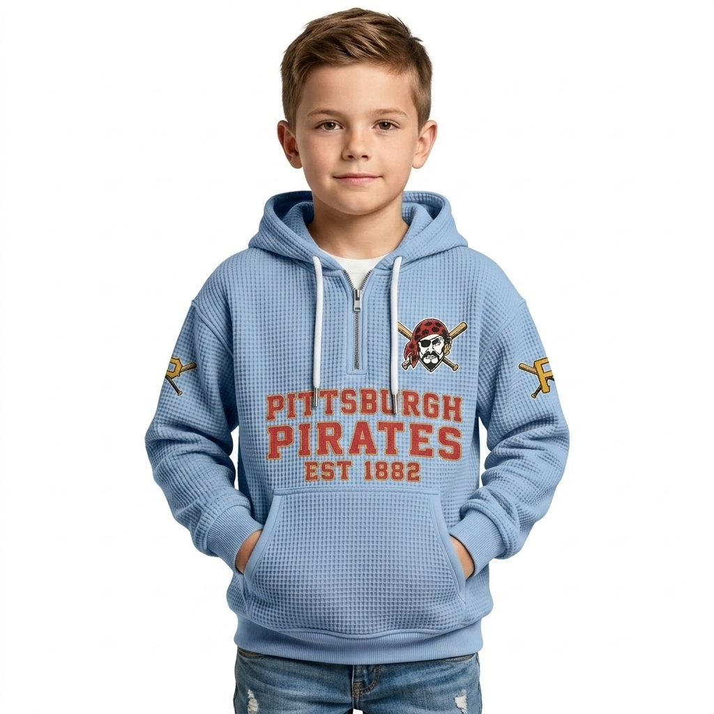 Pittsburgh Pirates EST 1882 Printed Waffle Quarter Zip Baseball Fan Hoodie For Kids