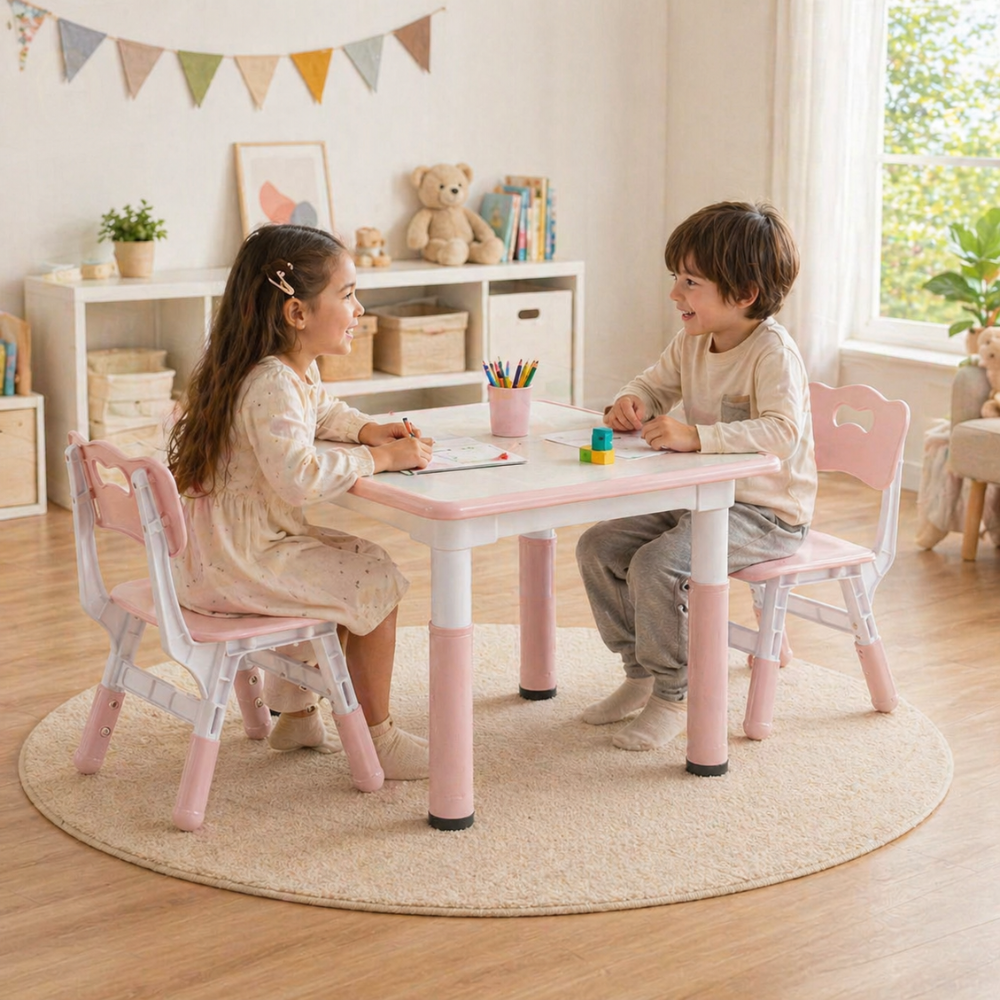 Kids Height Adjustable Study Table And Chairs Set With Graffiti Desktop For Kids Ages 38