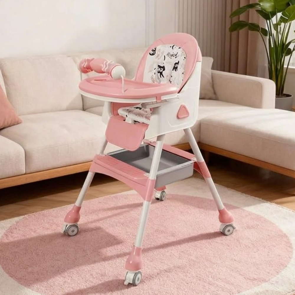 Foldable Adjustable Recline Footrest High Chair With Double Tray And Locking Wheels Gift For Kids