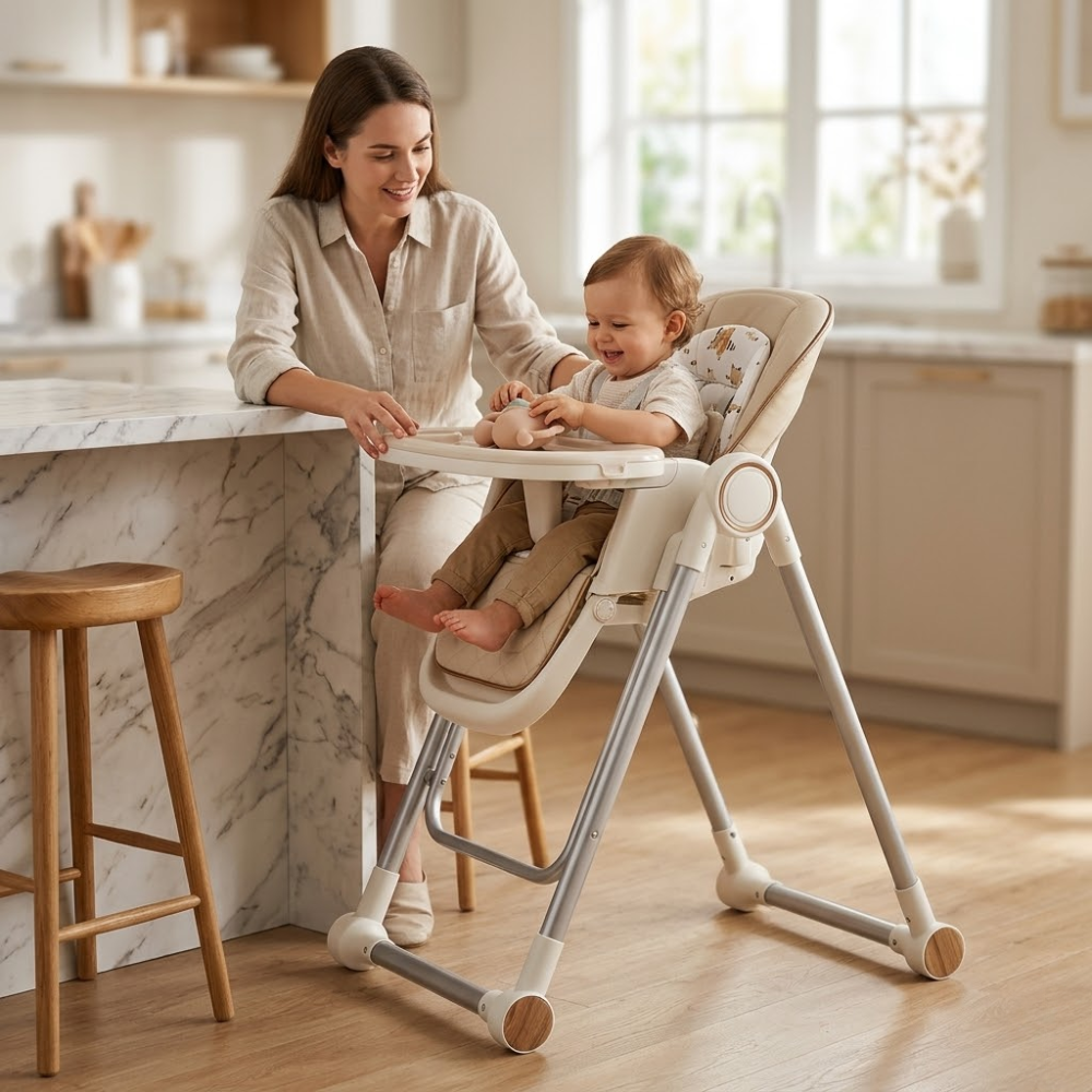 Chiquerid Baby High Chair Foldable High Chair Adjustable 2 In 1 High Chair Swing Chair With 4 Locking Wheels Double Tray