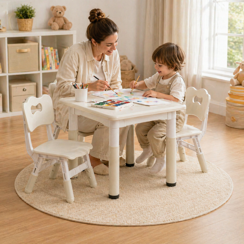 Kids Height Adjustable Study Table And Chairs Set With Graffiti Desktop For Kids Ages 38