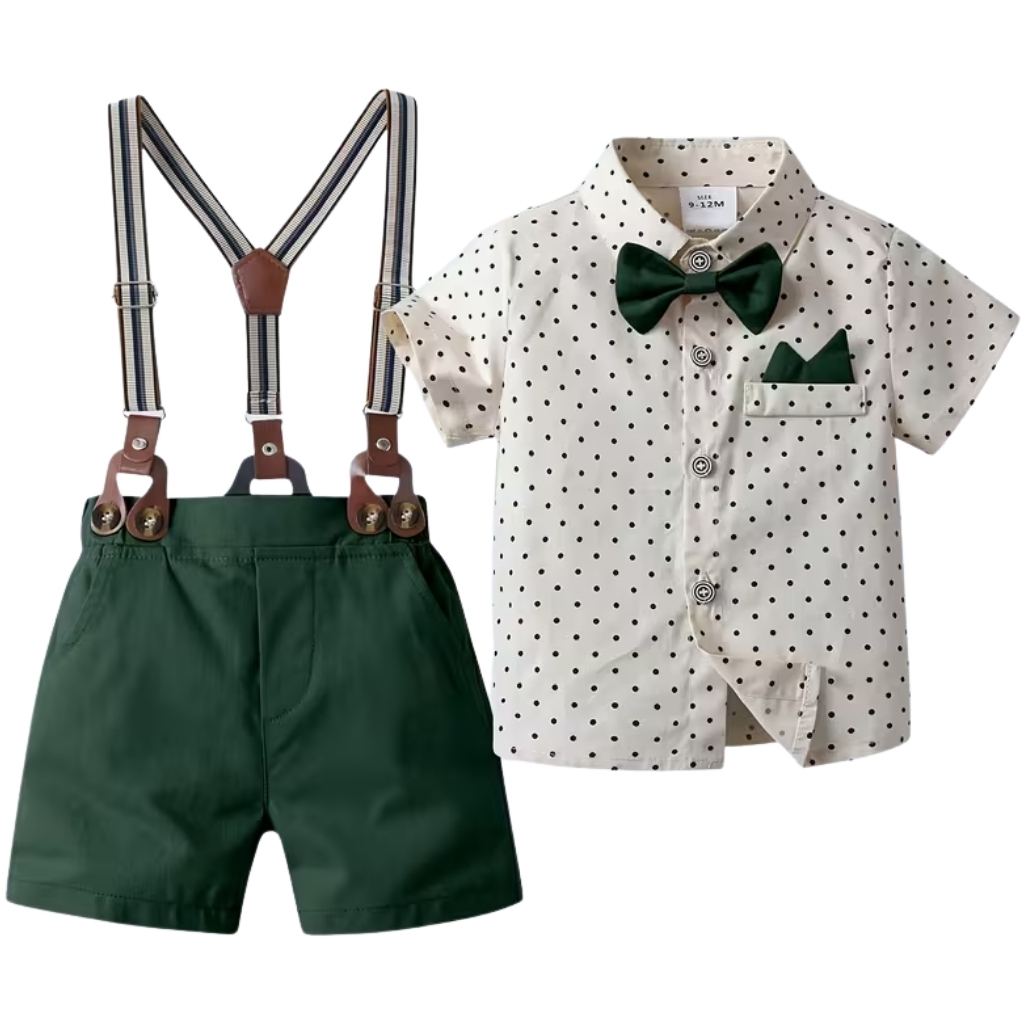 Short Sleeved Collared Shirt With Bow Tie And Shorts 2 Piece Set For Boys