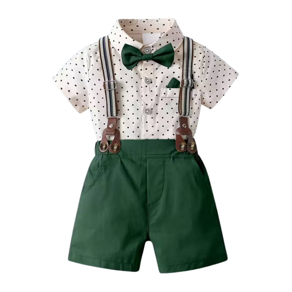 Short Sleeved Collared Shirt With Bow Tie And Shorts 2 Piece Set For B