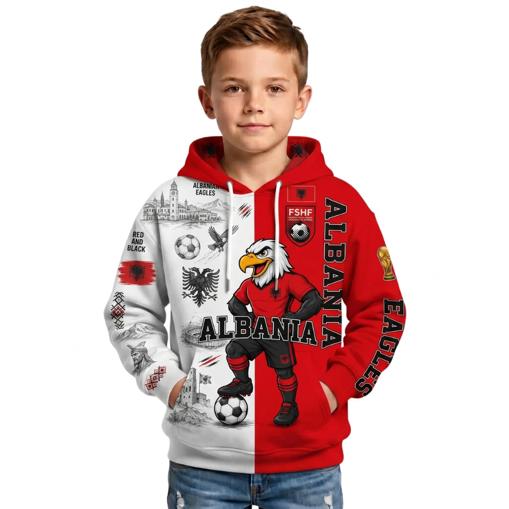 Albania Football Themed All Over Printed Hoodie For Kids