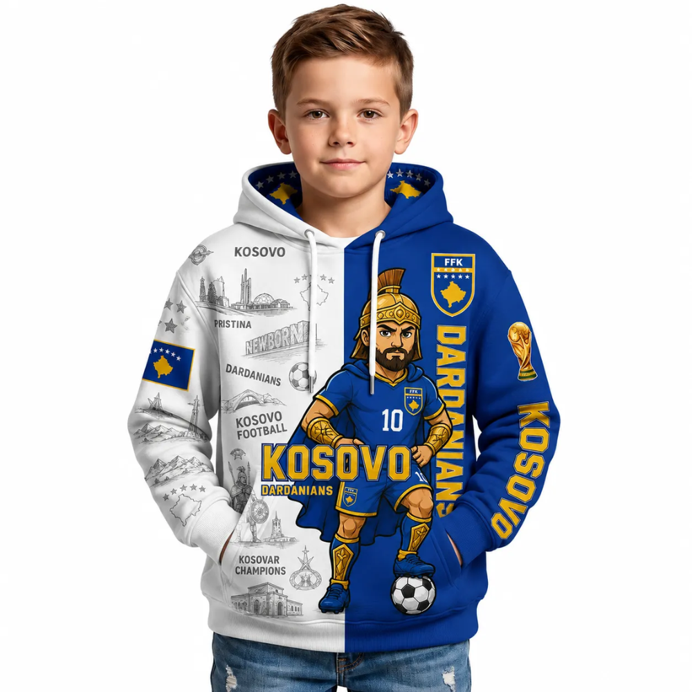 Kosovo Football Themed All Over Printed Hoodie For Kids