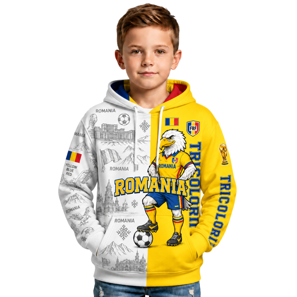 Romania Football Themed All Over Printed Hoodie For Kids