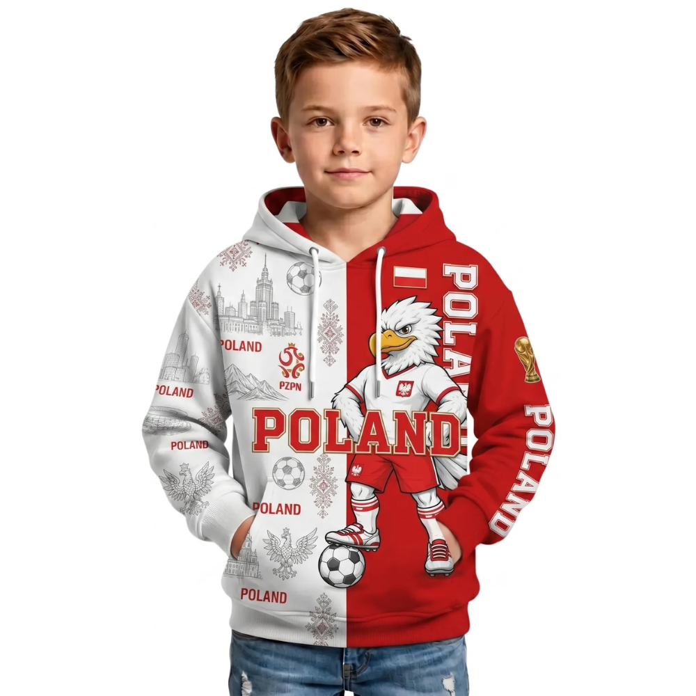 Poland Football Themed All Over Printed Hoodie For Kids
