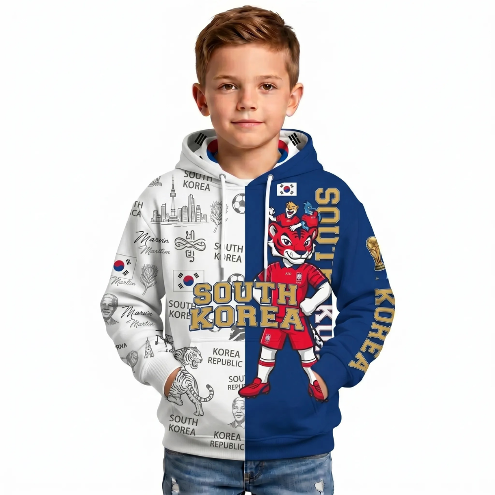 South Korea Football Themed All Over Printed Hoodie For Kids