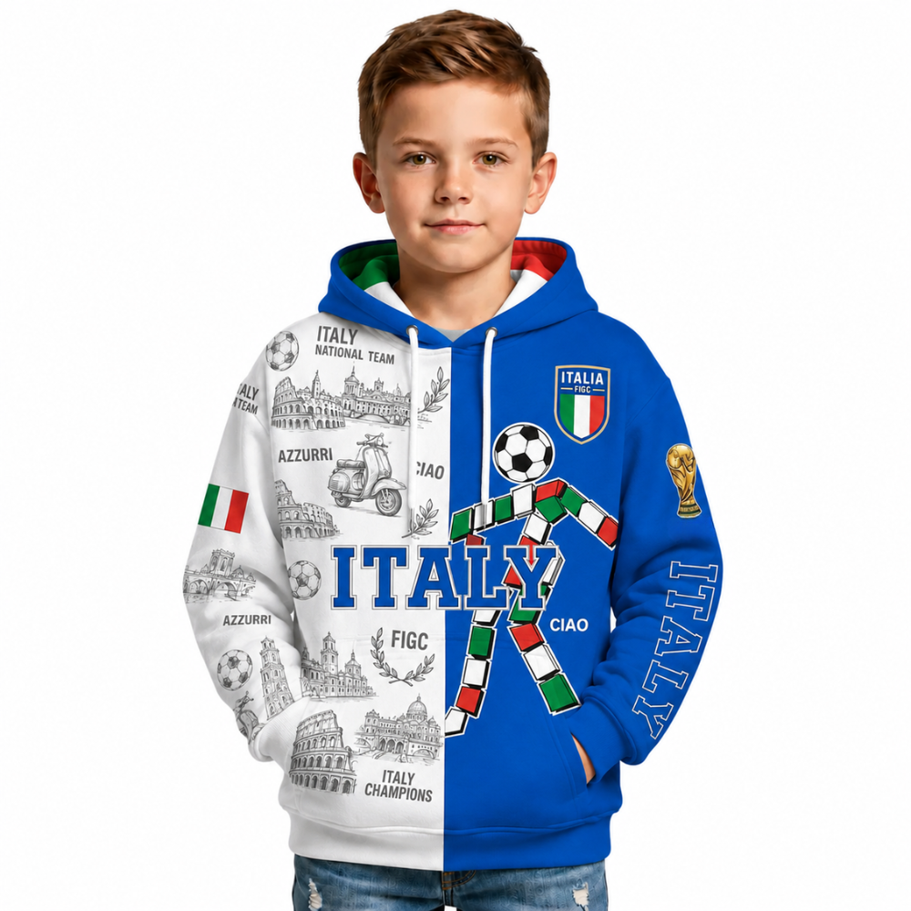 Italy Football Themed All Over Printed Hoodie For Kids