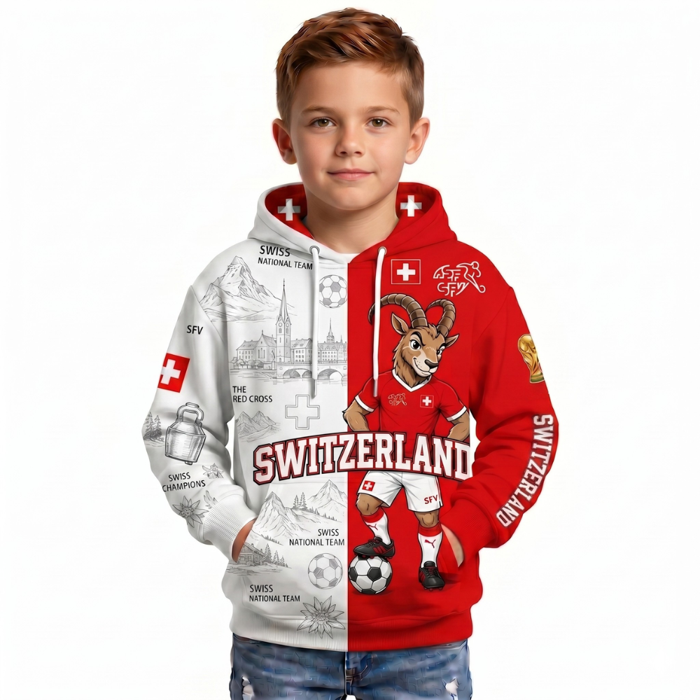 Switzerland Football Themed All Over Printed Hoodie For Kids