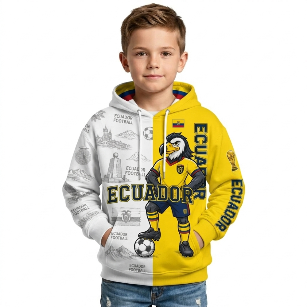 Ecuador Football Themed All Over Printed Hoodie For Kids