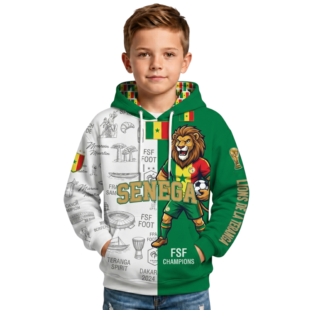 Senegal Football Themed All Over Printed Hoodie For Kids