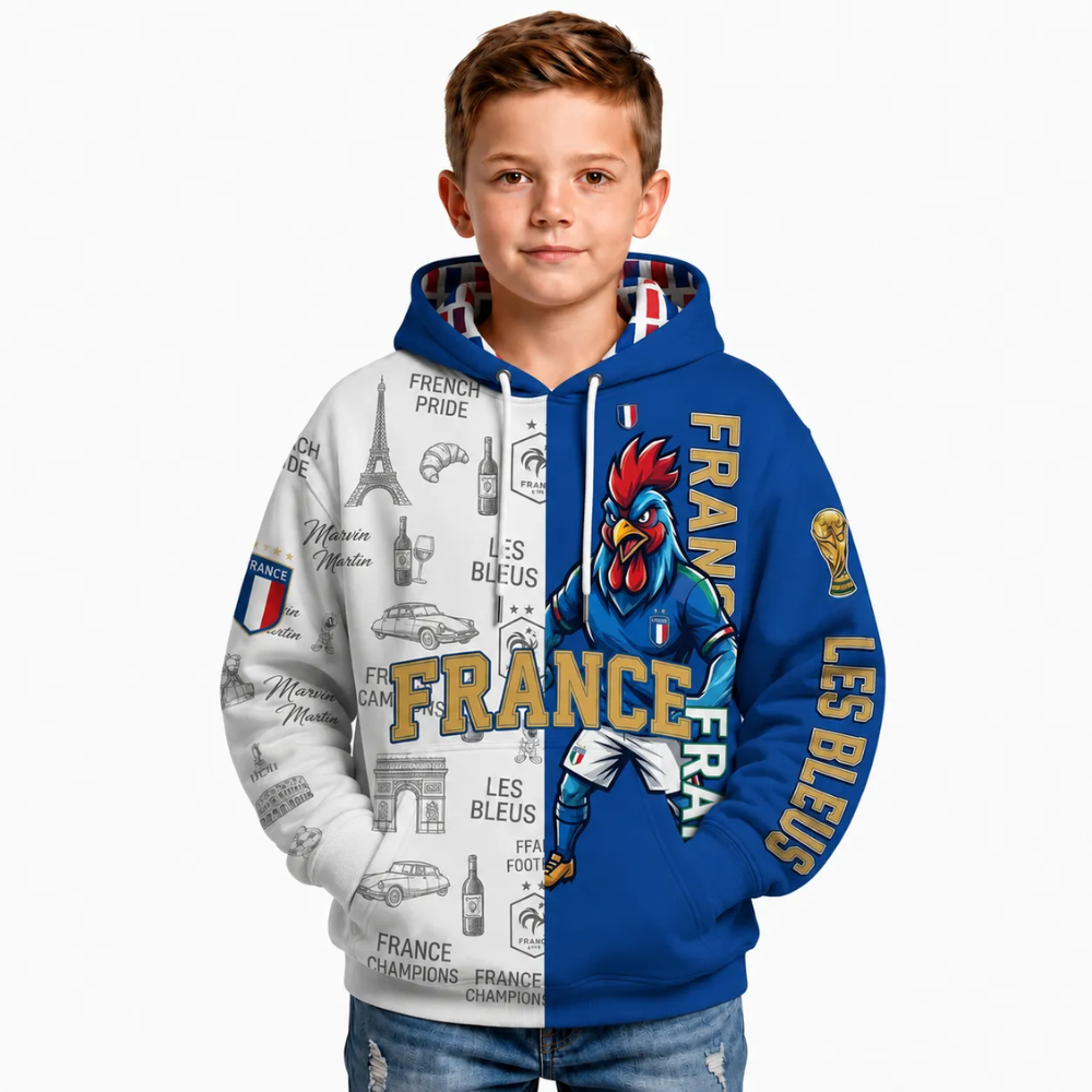 France Football Themed All Over Printed Hoodie For Kids
