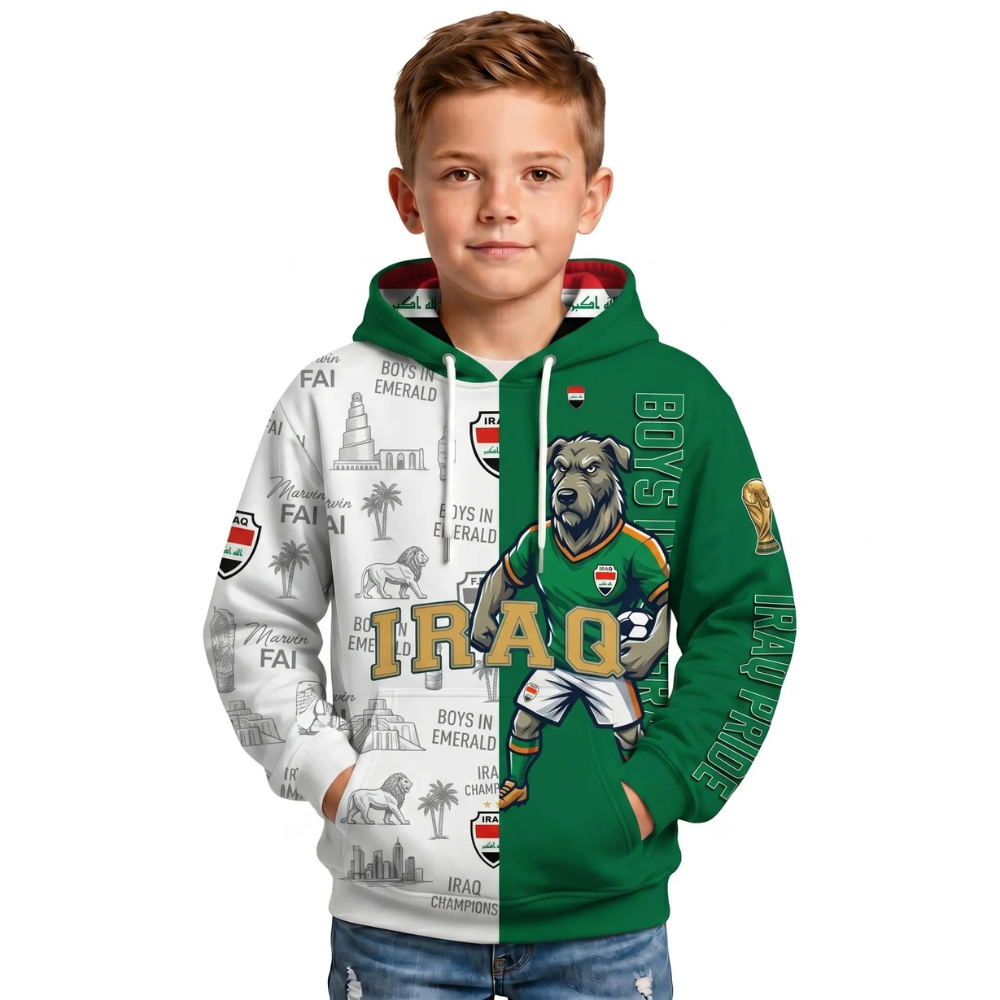 Iraq Football Themed All Over Printed Hoodie For Kids