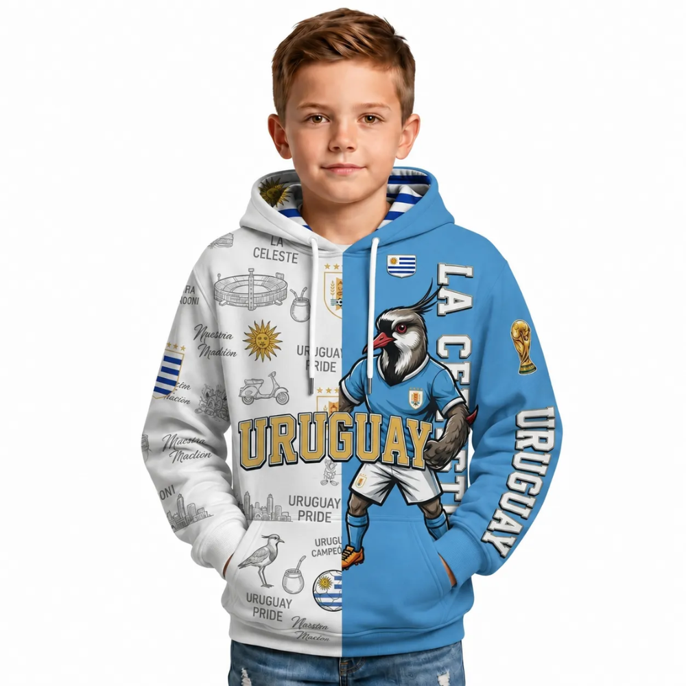 Uruguay Football Themed All Over Printed Hoodie For Kids