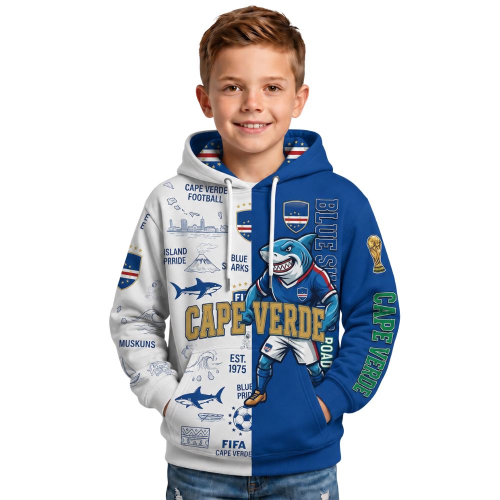 Cape Verde Football Themed All Over Printed Hoodie For Kids