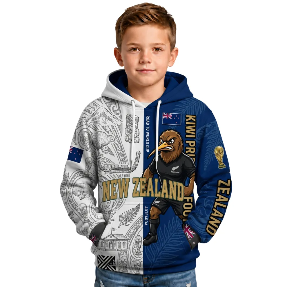 New Zealand Football Themed All Over Printed Hoodie For Kids