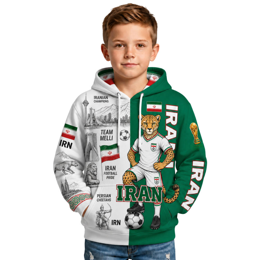 Iran Football Themed All Over Printed Hoodie For Kids