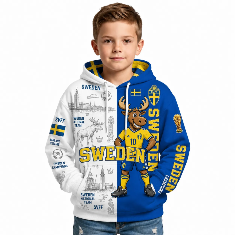 Sweden Football Themed All Over Printed Hoodie For Kids