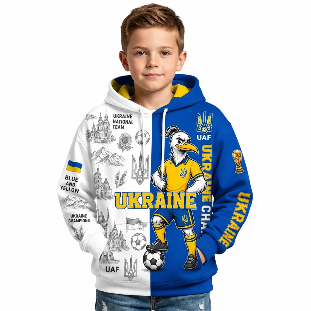 Ukraine Football Themed All Over Printed Hoodie For Kids