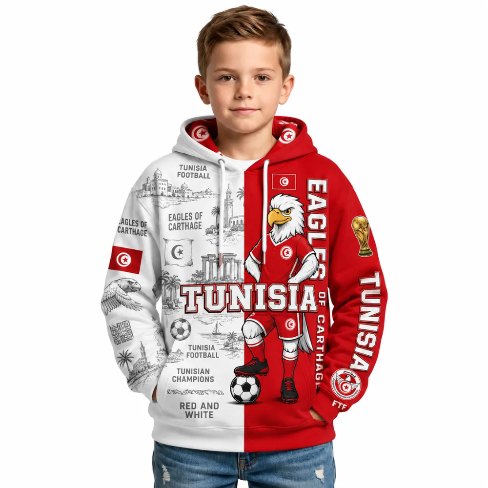 Tunisia Football Themed All Over Printed Hoodie For Kids
