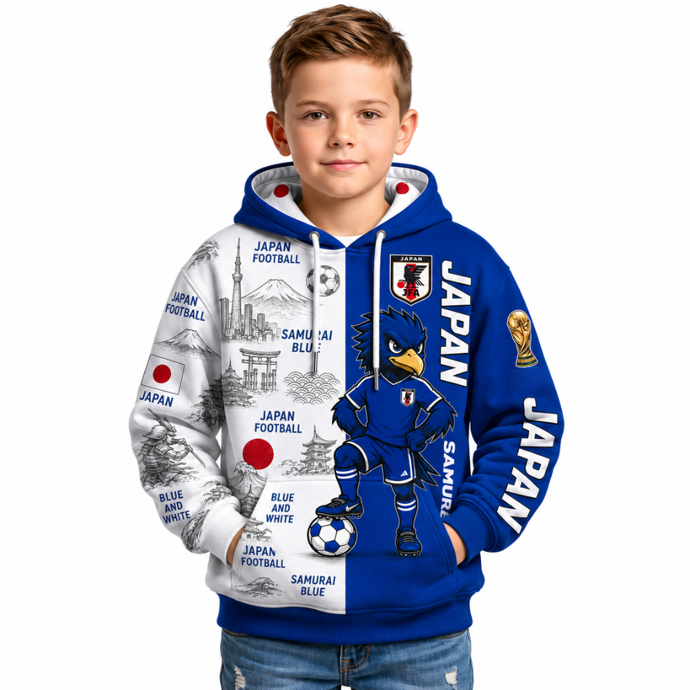 Japan Football Themed All Over Printed Hoodie For Kids