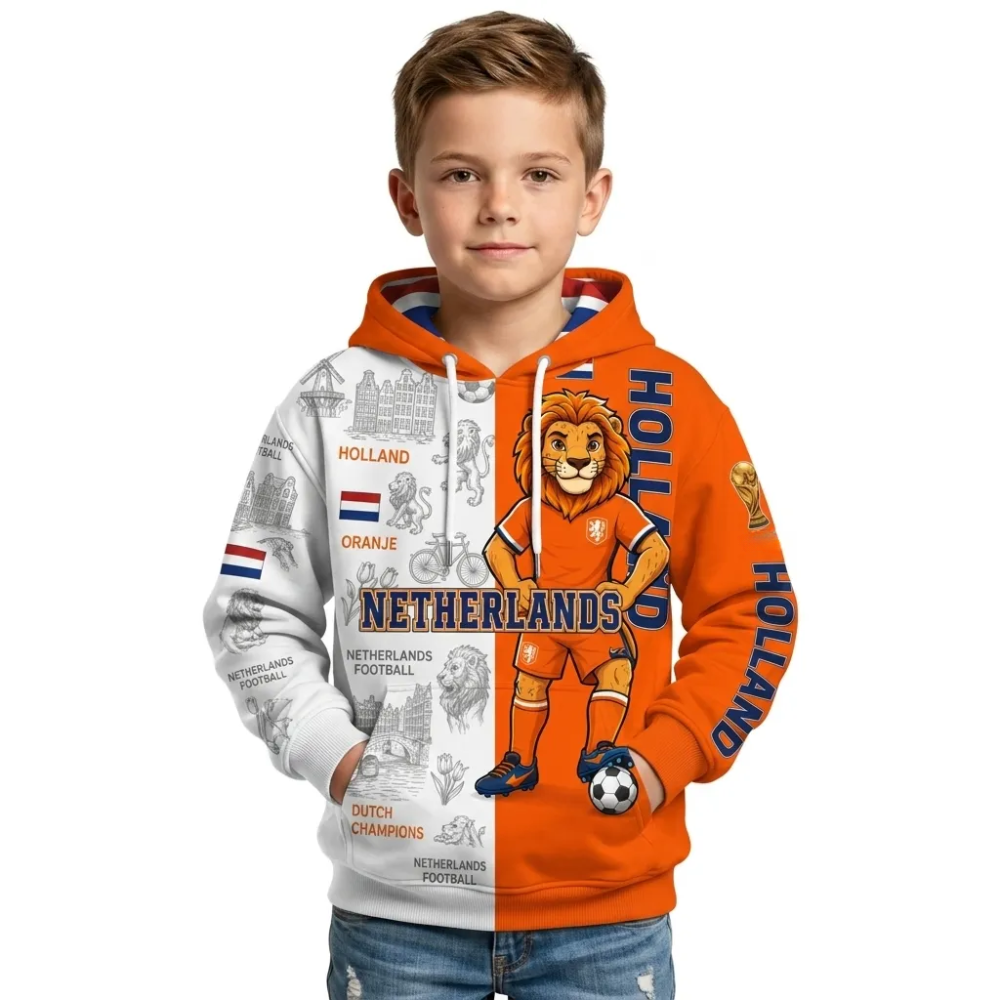 Netherlands Football Themed All Over Printed Hoodie For Kids