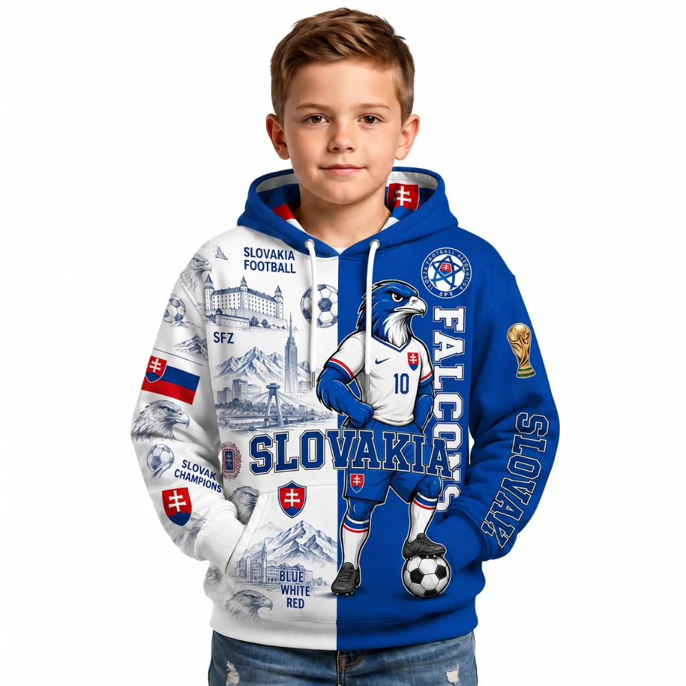 Slovakia Football Themed All Over Printed Hoodie For Kids
