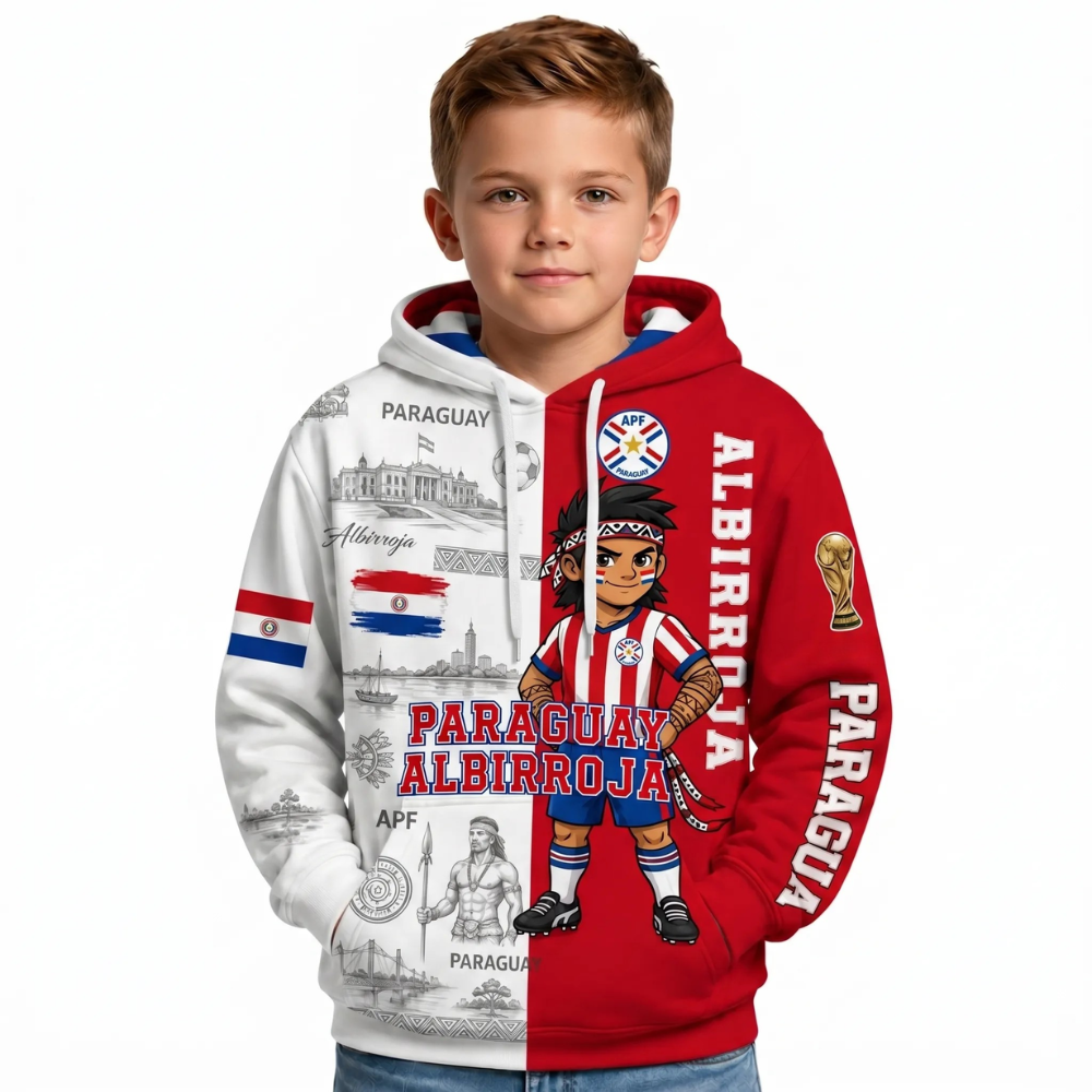 Paraguay Football Themed All Over Printed Hoodie For Kids