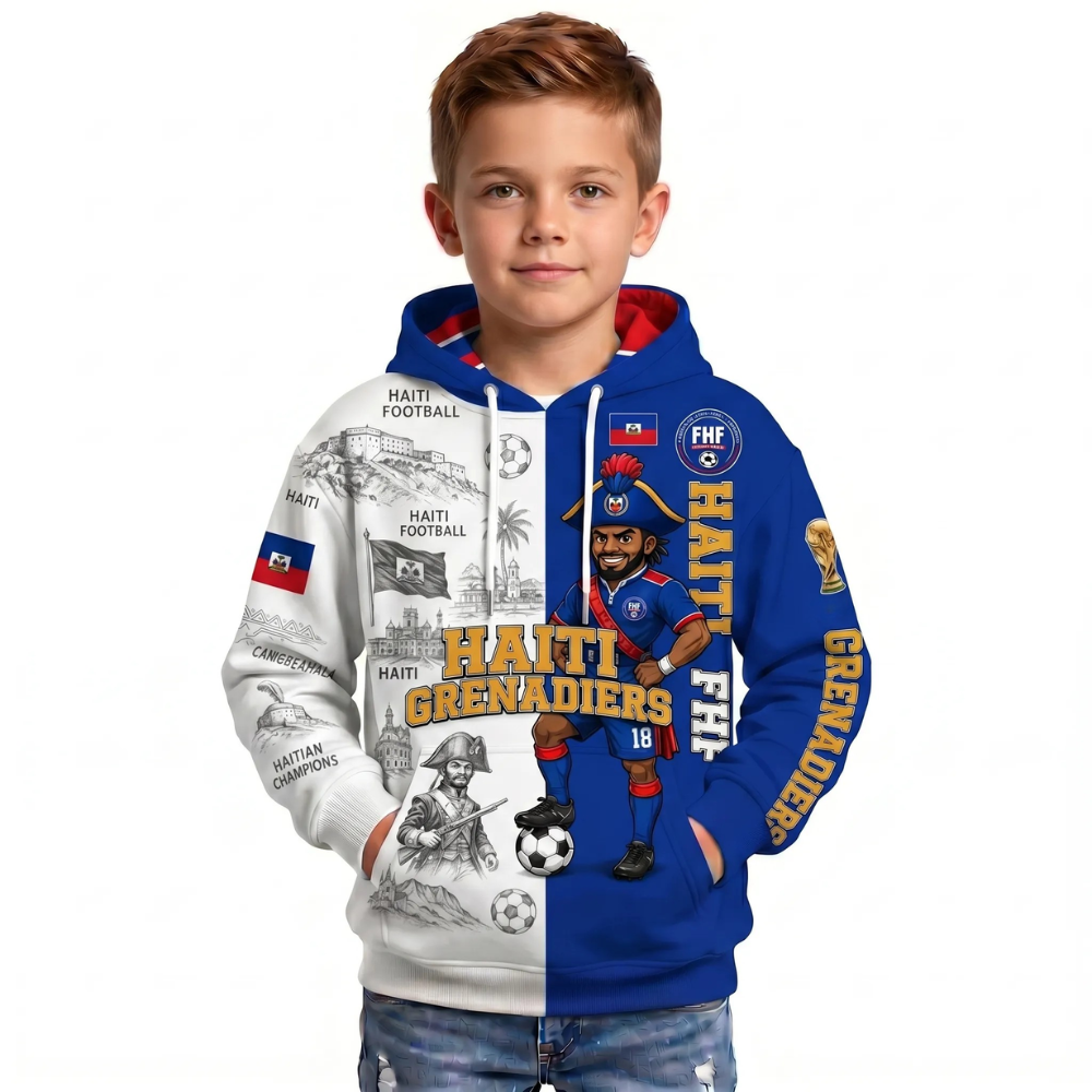 Haiti Football Themed All Over Printed Hoodie For Kids