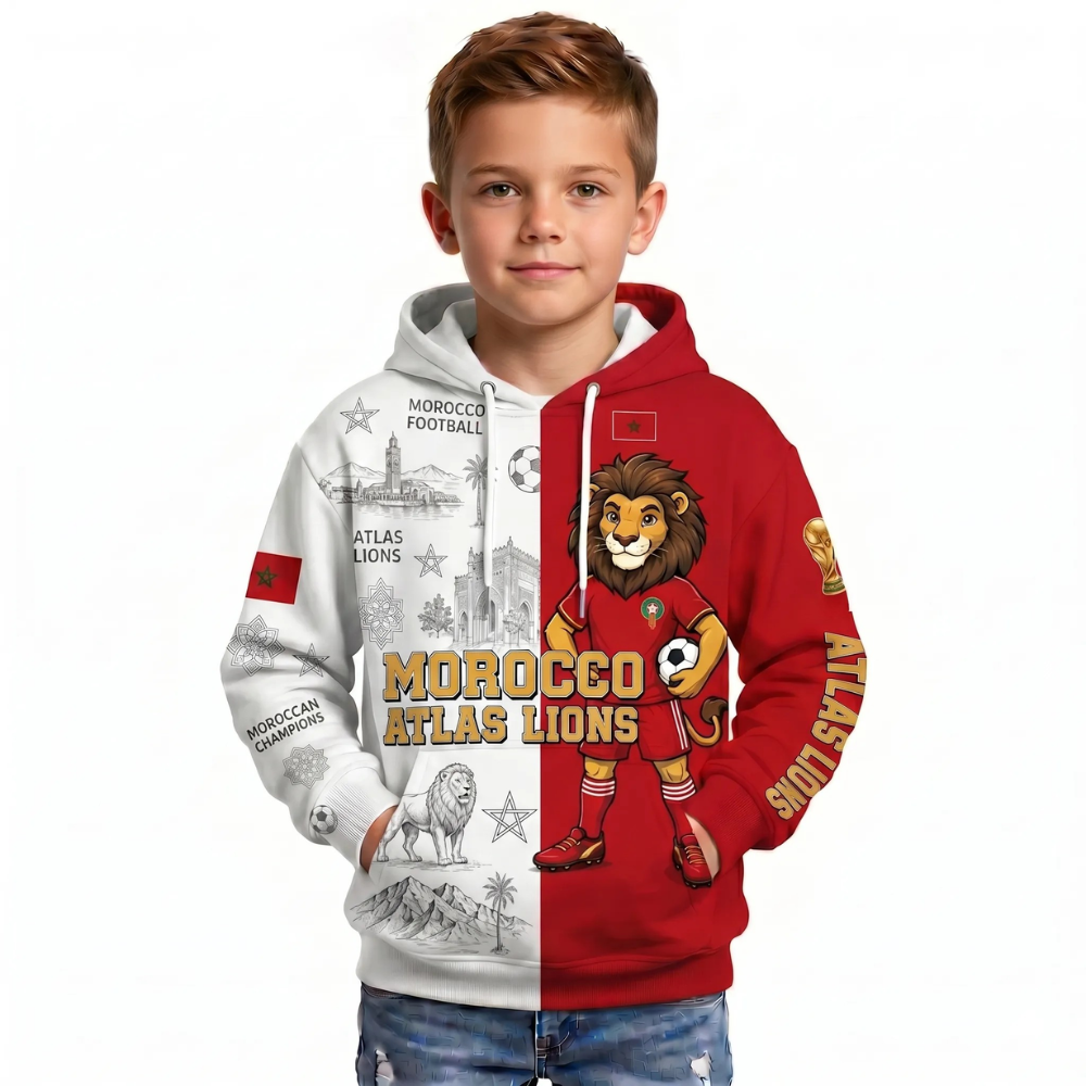 Morocco Football Themed All Over Printed Hoodie For Kids