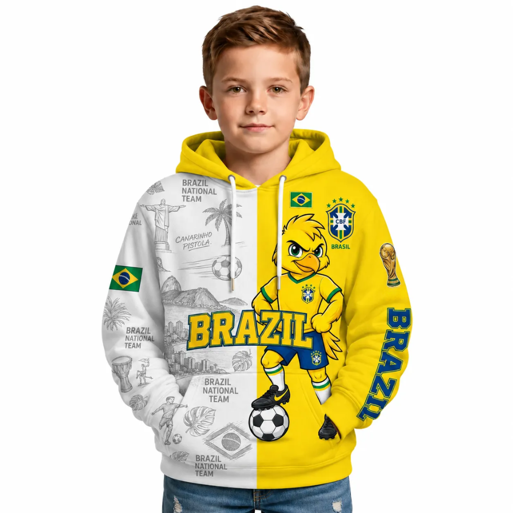 Brazil Football Themed All Over Printed Hoodie For Kids