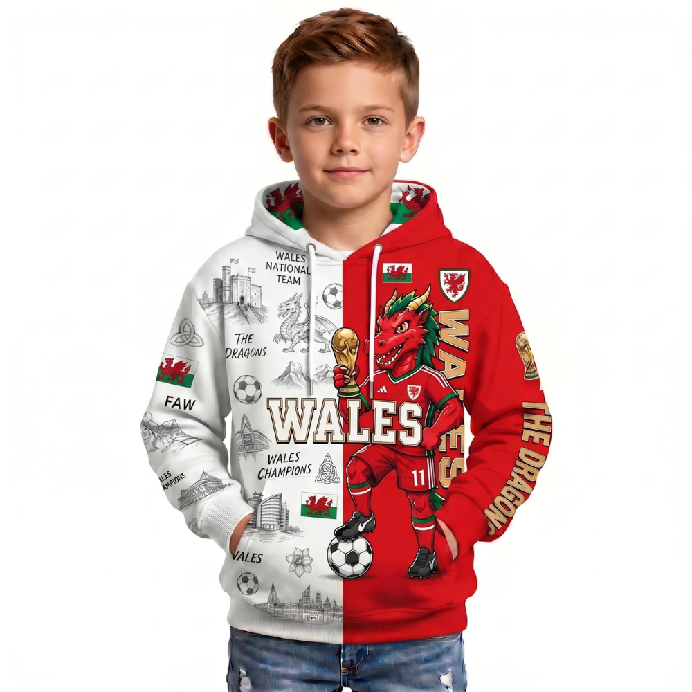 Wales Football Themed All Over Printed Hoodie For Kids