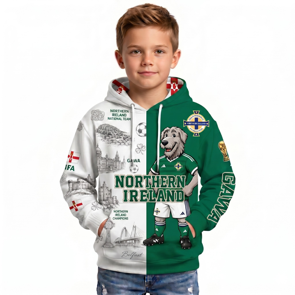 Northern Ireland Football Themed All Over Printed Hoodie For Kids