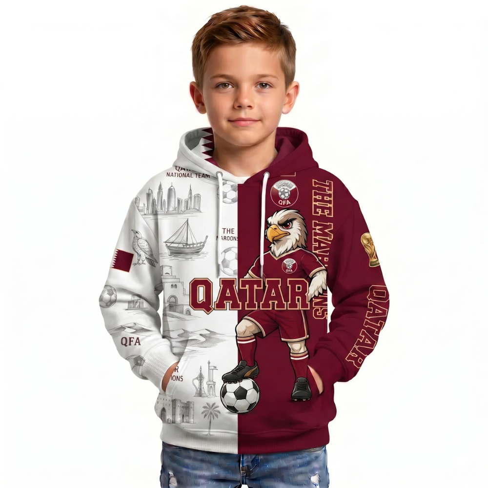 Qatar Football Themed All Over Printed Hoodie For Kids