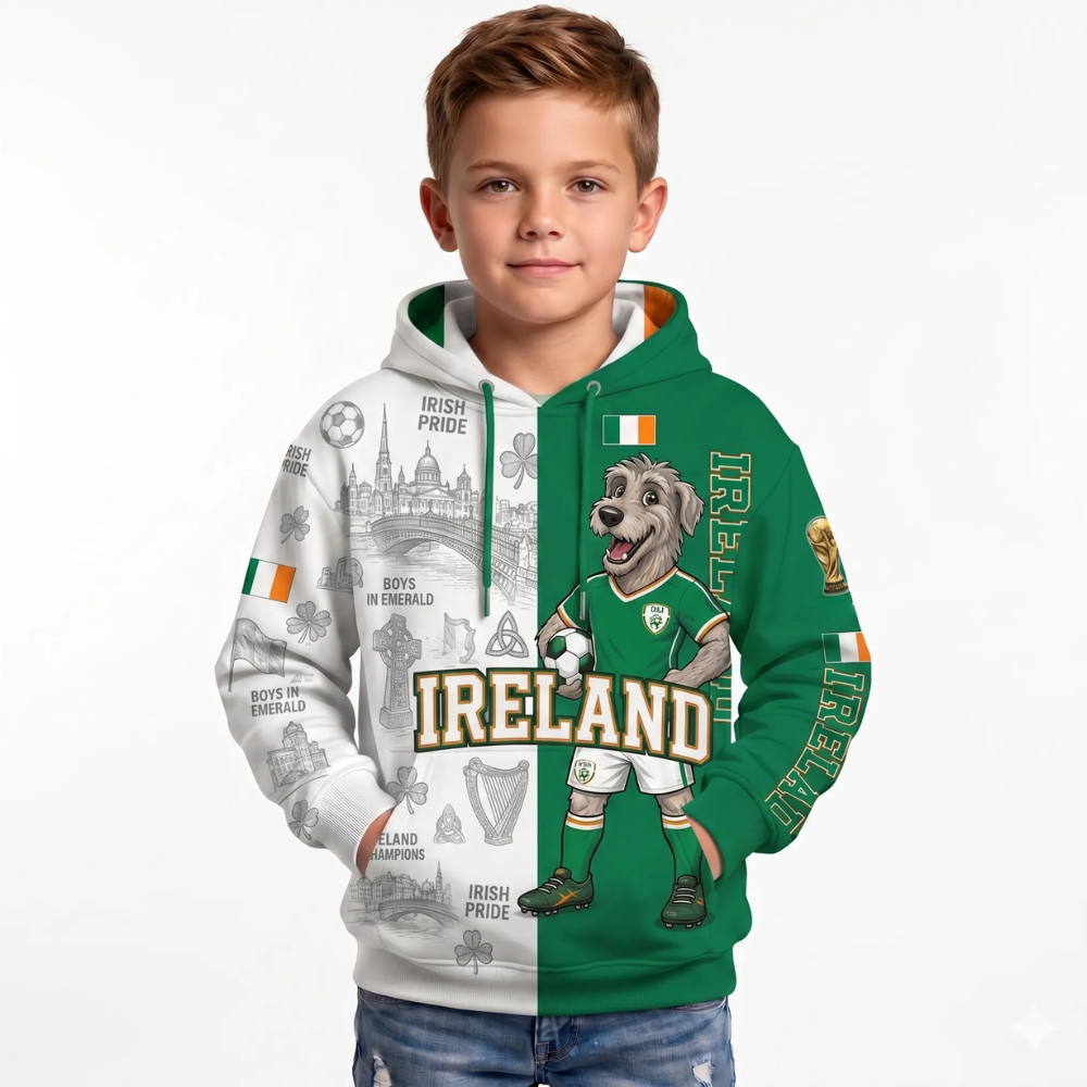 Ireland Football Themed All Over Printed Hoodie For Kids