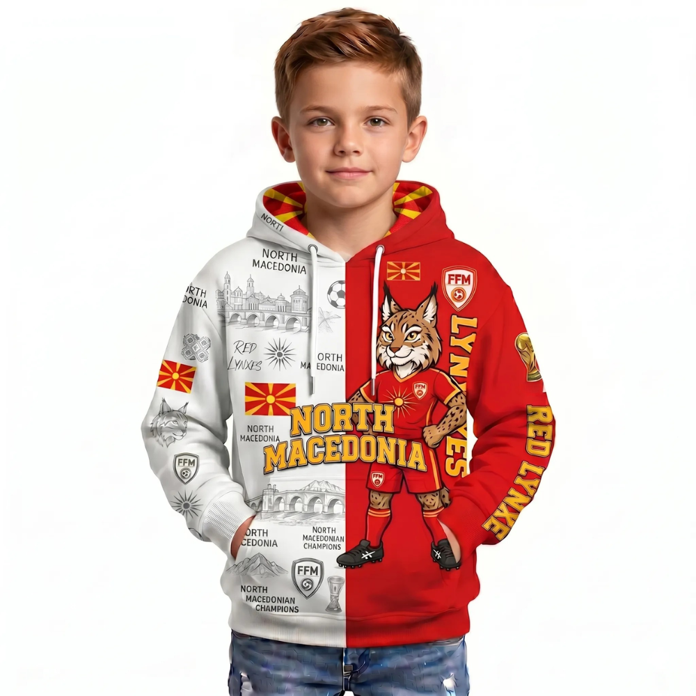 North Macedonia Football Themed All Over Printed Hoodie For Kids