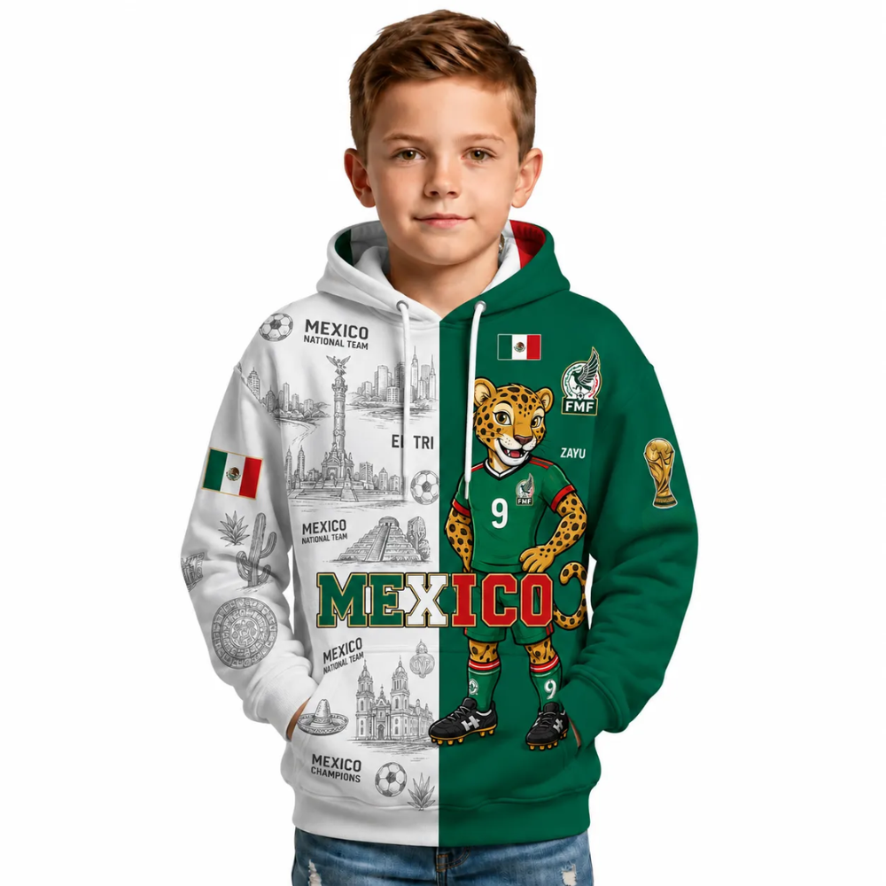 Mexico Football Themed All Over Printed Hoodie For Kids