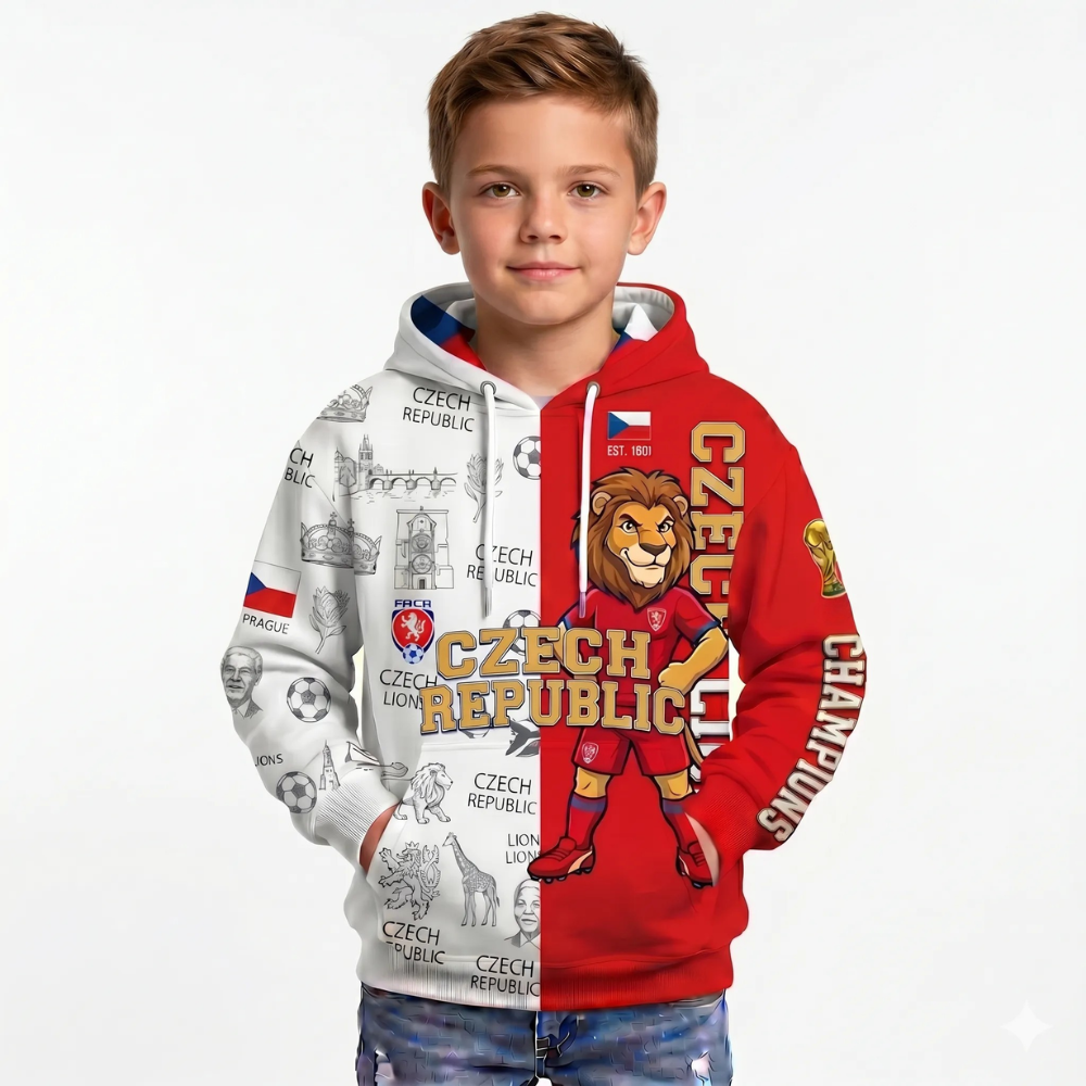 Czech Republic Football Themed All Over Printed Hoodie For Kids
