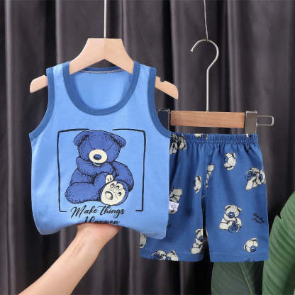 Teddy Print Sleeveless T Shirts Shorts Set-Cozy Stroller