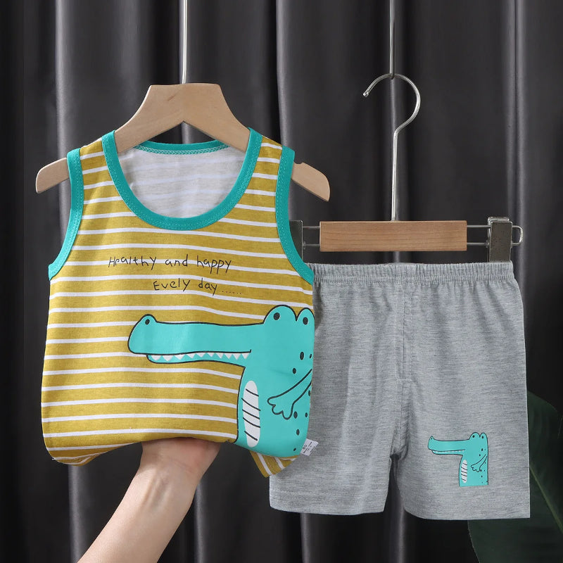 Teddy Print Sleeveless T Shirts Shorts Set-Cozy Stroller