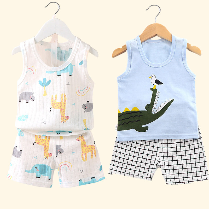 Cartoon Printed Sleeveless Top And Shorts Set For Kids-Cozy Stroller